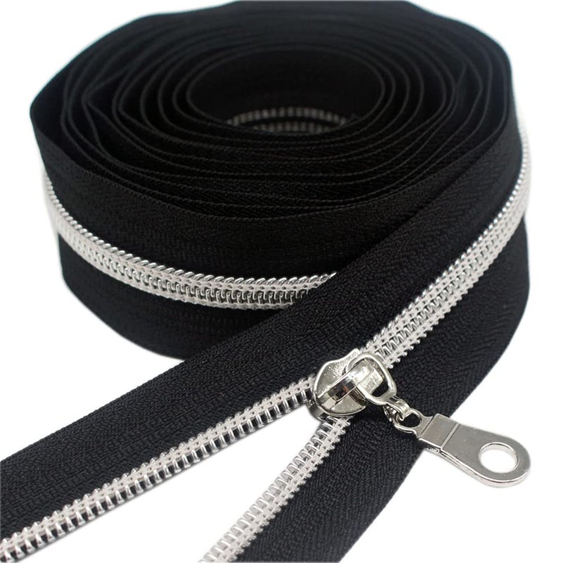 YaHoGa #5 Silver Metallic Nylon Coil Zippers by The Yard Bulk Black Tape 10 Yards with 25pcs Pulls for DIY Sewing Tailor Craft Bags (Black) - Image 2